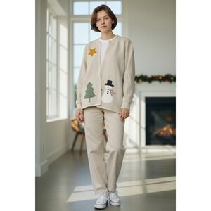 Novelty‎ Christmas Cardigan Sweater Star Tree Snowman Beige Holiday Warm